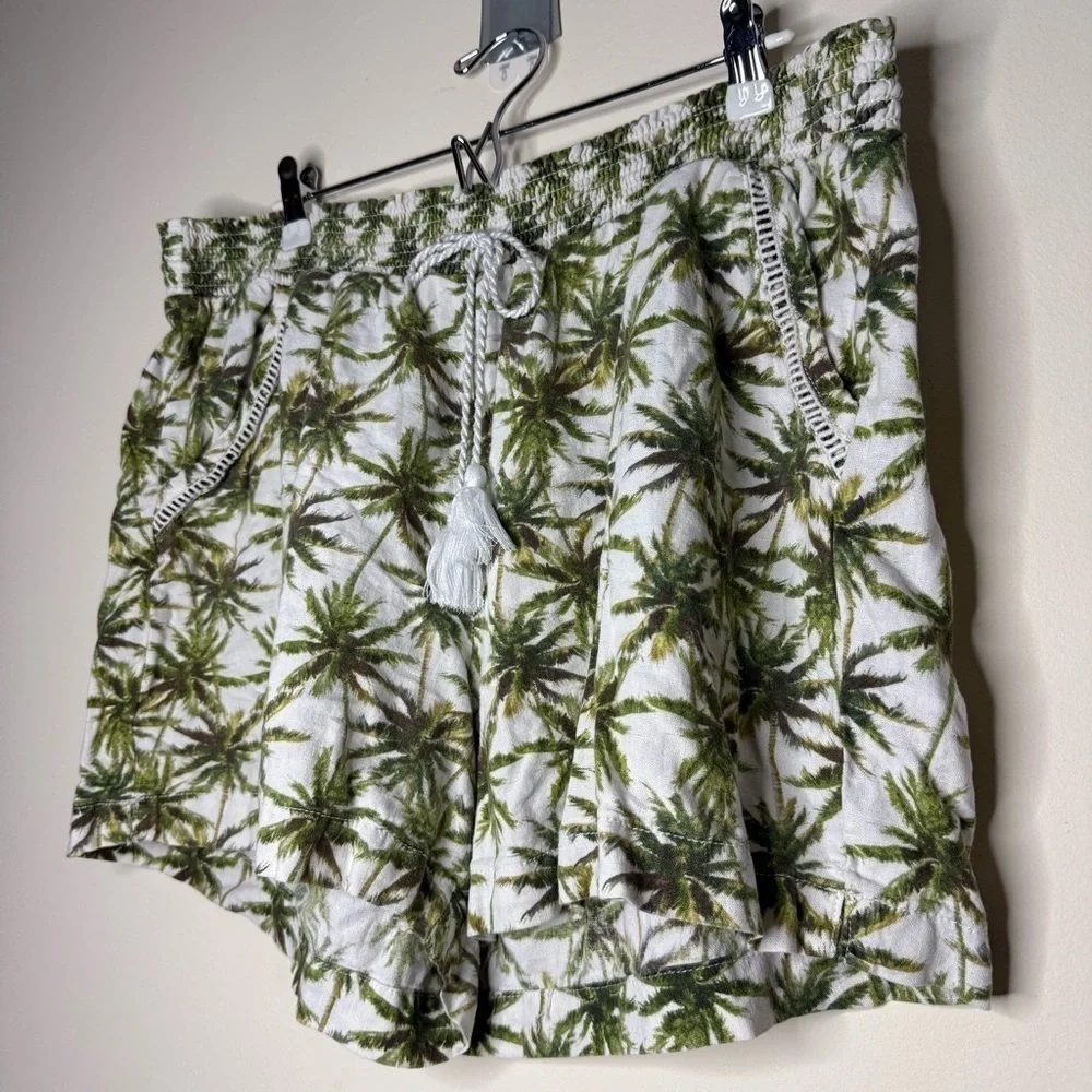 BRIGGS Tropical Linen Blend Beachy Boho Drawstring Tassel Stretchy Flowy Shorts